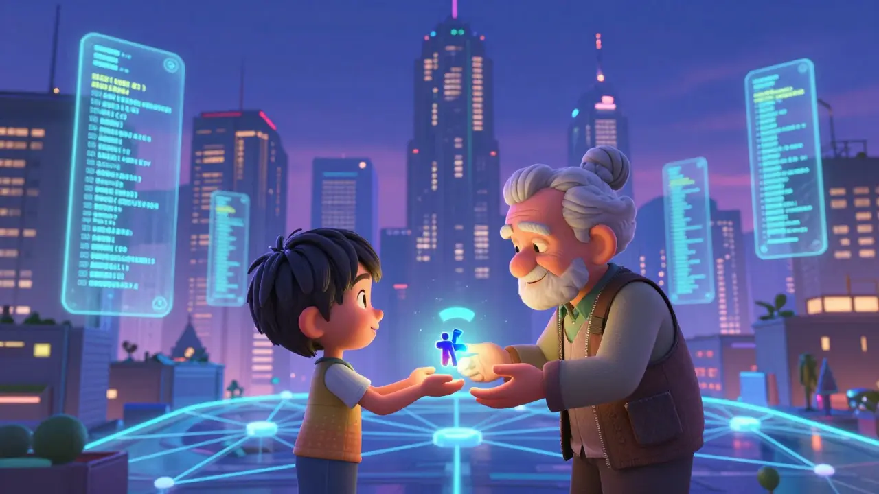 A futuristic city built from glowing blockchains, where an NFT is passed between generations under shimmering Layer 2 networks.