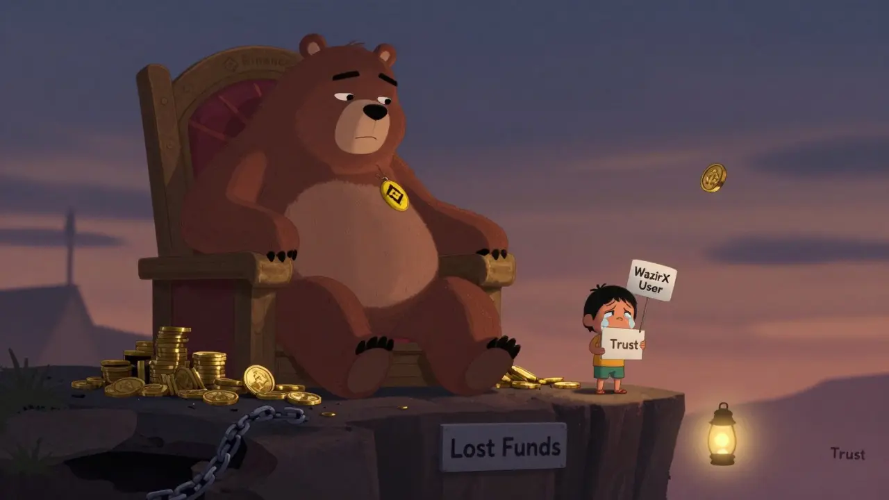 A giant Binance bear ignoring a crying child holding a 'WazirX User' sign, overlooking a dark abyss.