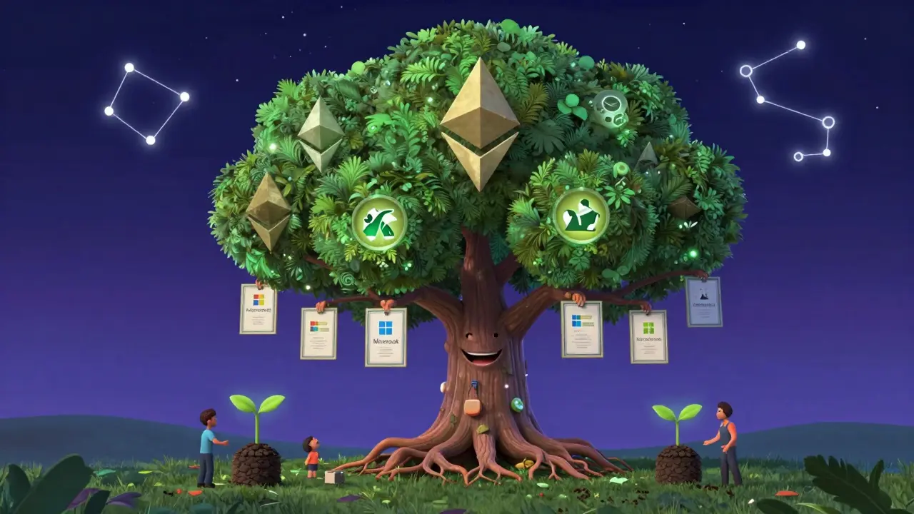 A giant blockchain tree grows real trees from digital certificates under a starry night sky filled with carbon symbol constellations.