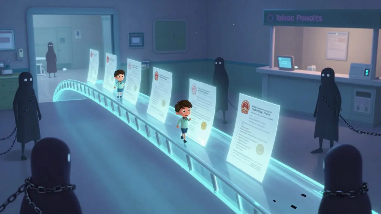 A medical record securely transferring between hospitals via glowing verifiable credentials, thieves frozen outside.