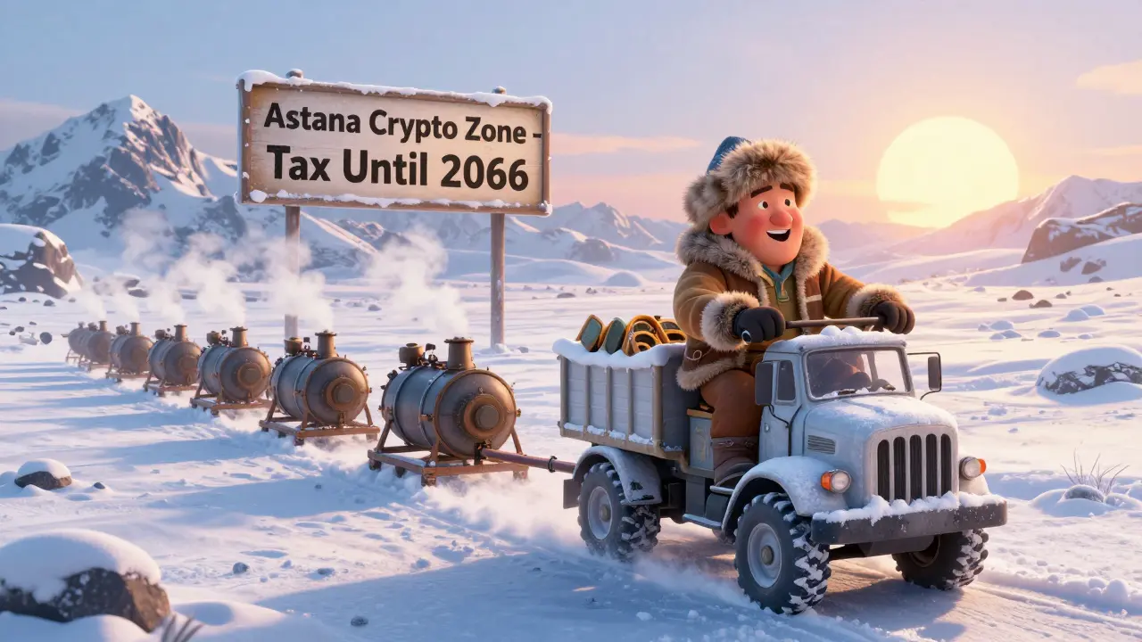 A miner in Kazakhstan riding a truck with mining rigs across a snowy steppe at dawn, Pixar style