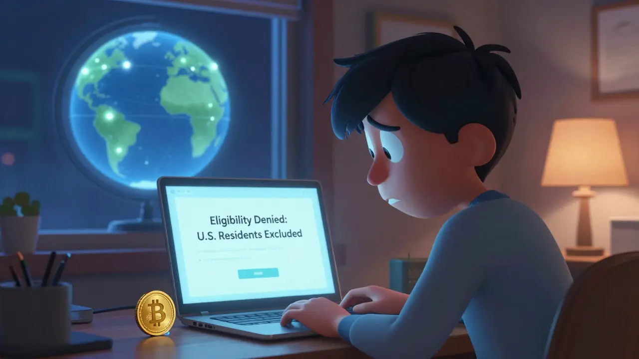 A person at a laptop with 'U.S. Residents Excluded' on screen, a globe spinning outside the window showing allowed countries.