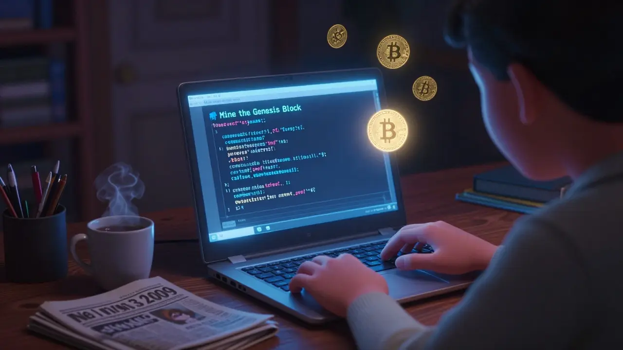 A person works at a laptop at night, the Genesis Block’s headline visible on screen beside a newspaper and coffee.