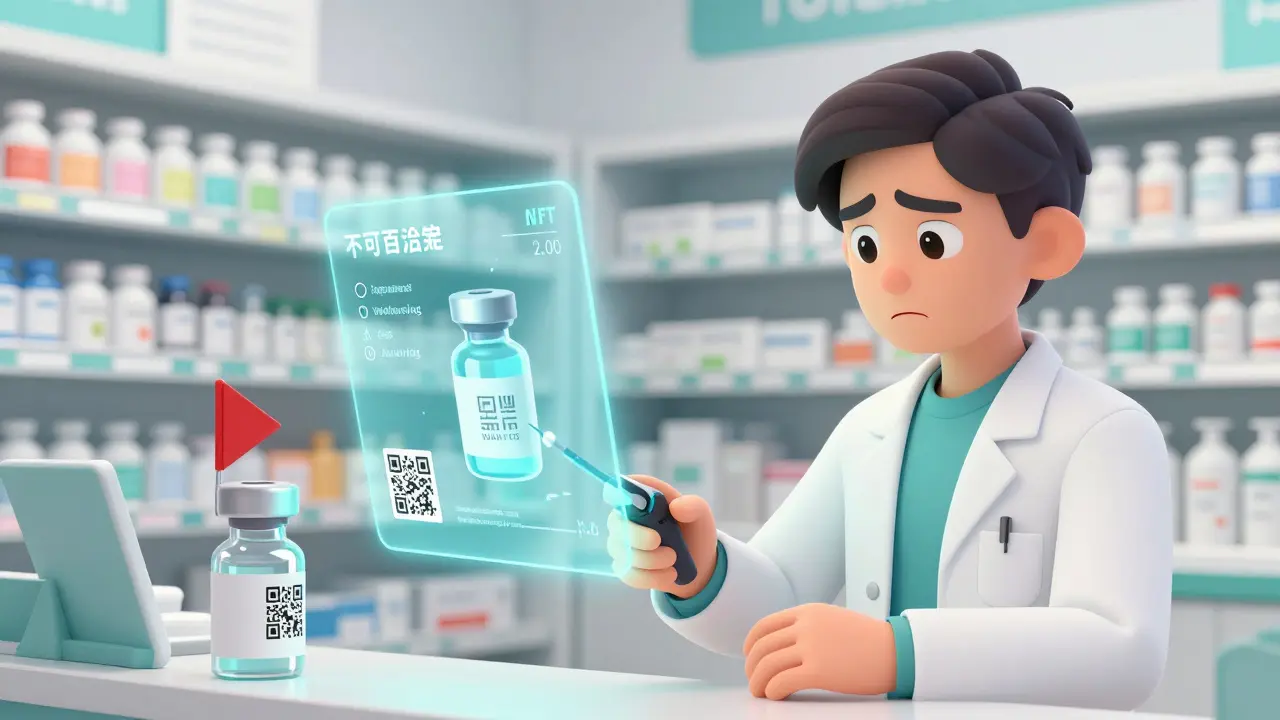 A pharmacist scans an insulin vial, revealing a digital NFT journey with a warning flag for a missing warehouse check.