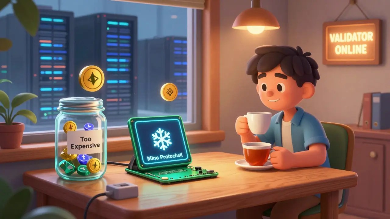 A Raspberry Pi running Mina Protocol on a desk, surrounded by expensive tokens trapped in jars.