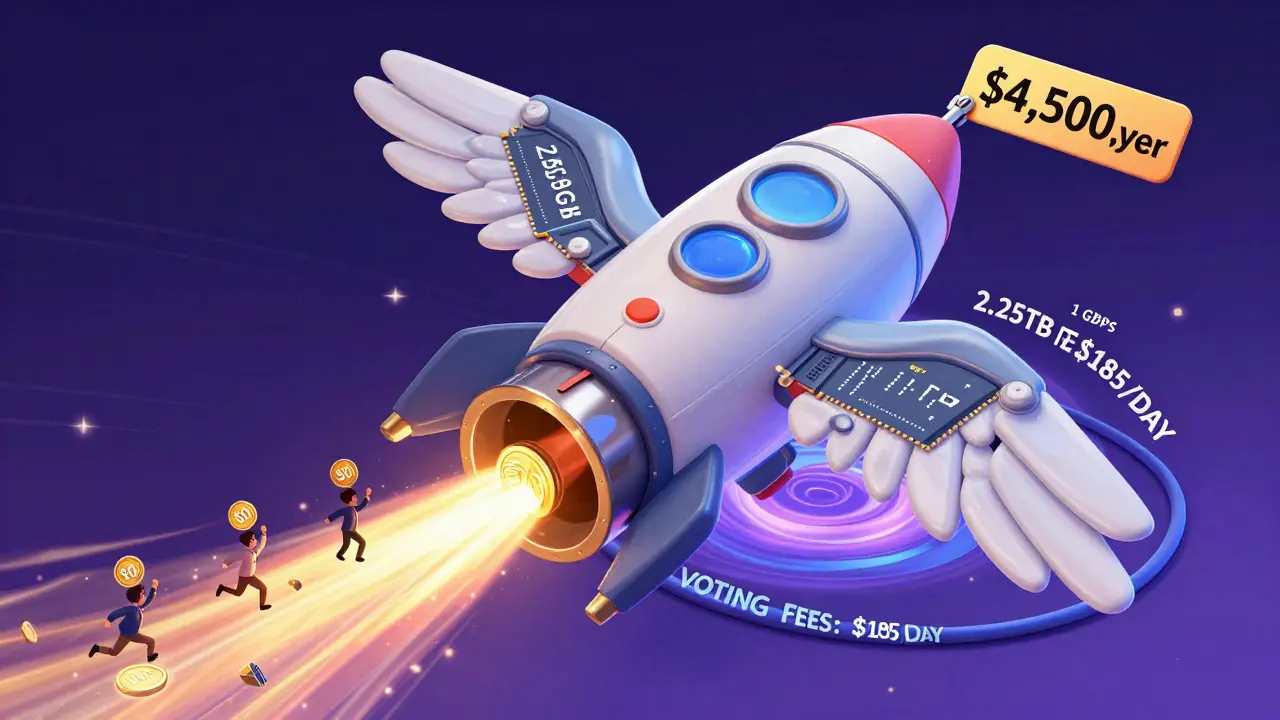 A rocket-shaped Solana validator with data streams and a giant price tag showing daily voting fees.