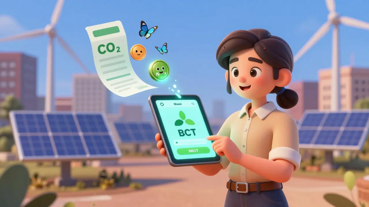 A small business owner buys carbon credits on a tablet, with friendly digital tokens turning into butterflies made of CO2.