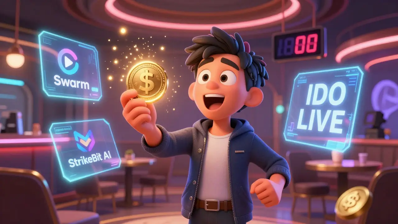 A winner holding a glowing VIP pass that turns into IDIA symbols, surrounded by holograms of crypto projects in a futuristic lounge.
