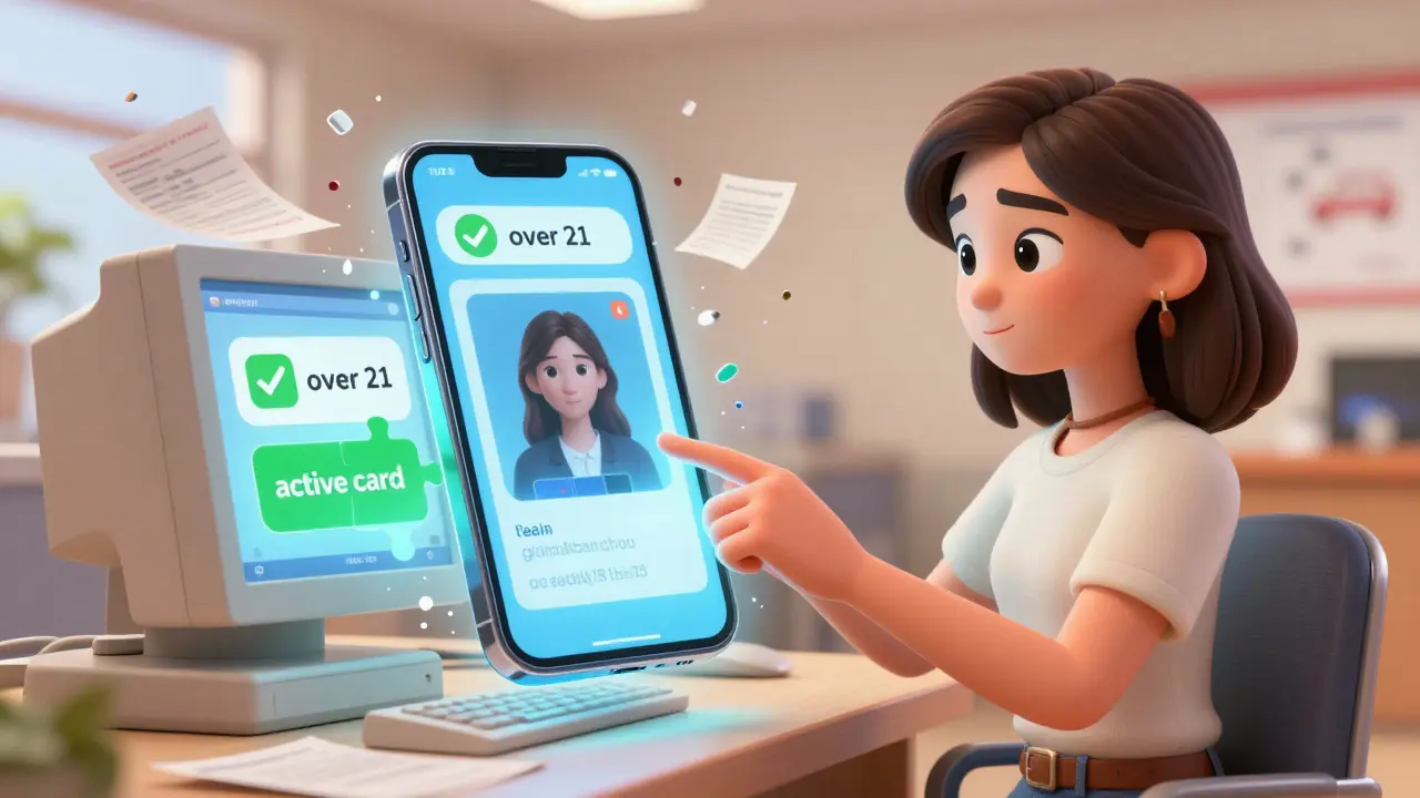 A woman renting a car using a digital wallet that shows only needed info, with old documents crumbling away.