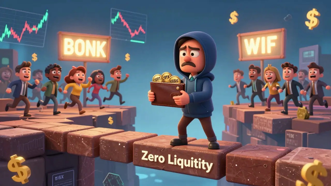 A worried investor on a crumbling bridge holding SPX 6969 tokens while others walk toward popular coins.