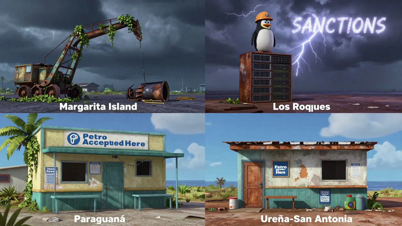 Abandoned Petro Zones with broken mining equipment and peeling signs, under a stormy sky with 'SANCTIONS' in lightning.