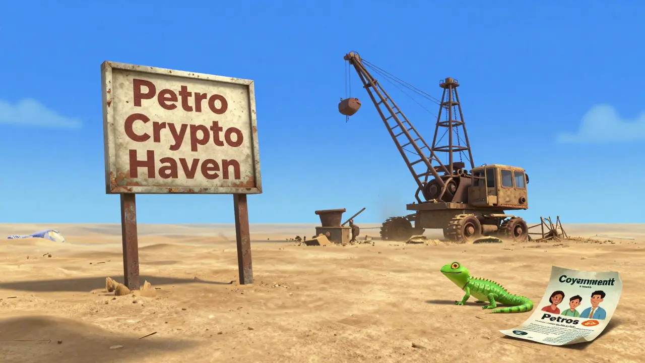 An abandoned Petro Zone with a dusty sign and broken mining equipment, empty under a bright sky.