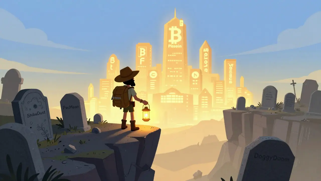 An adventurer with a lantern stands before a crypto graveyard, while a thriving blockchain city glows in the distance.