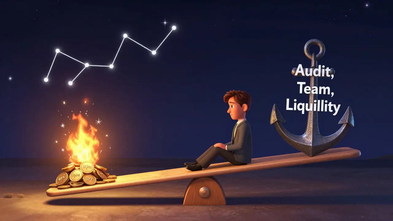 An investor on a seesaw with hype tokens vs. missing fundamentals, flickering light above.