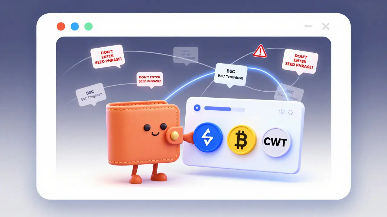 Cartoon wallet character swapping crypto on a multi-chain dashboard, fake airdrop pop-ups swirling in chaos behind.