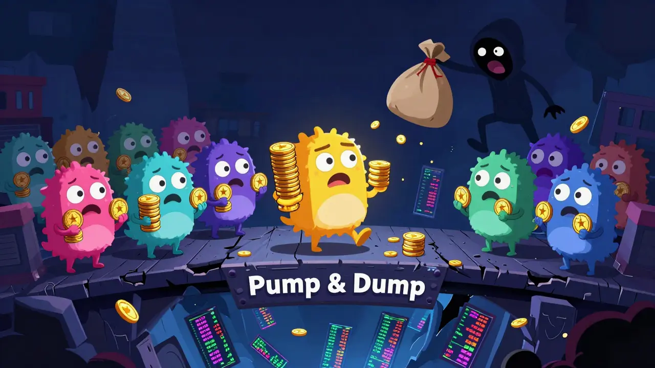 Confused digital creatures on a crumbling bridge, watching a shadowy figure dump tokens into a pit.