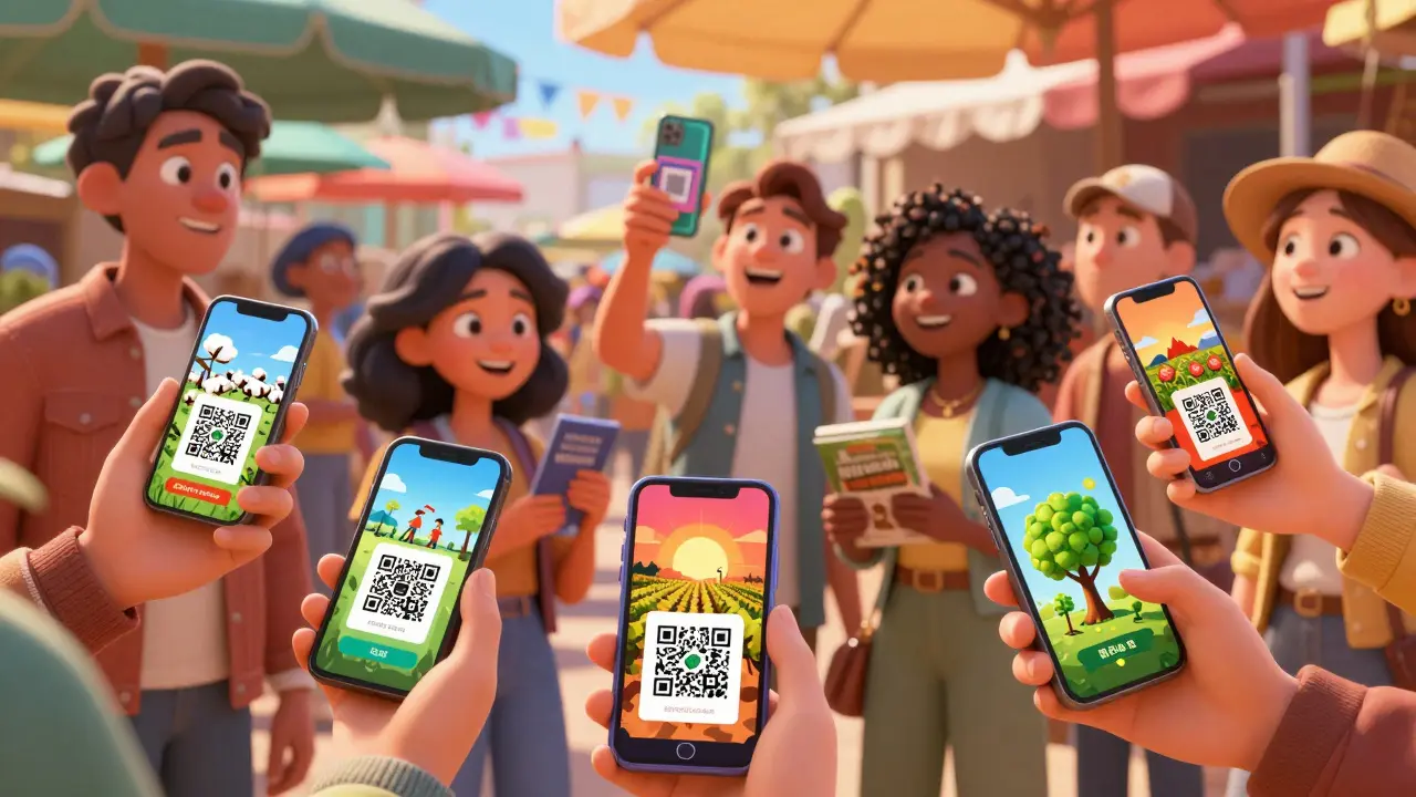 Consumers scan product labels in a market, seeing animated NFT stories of origin, fairness, and sustainability.