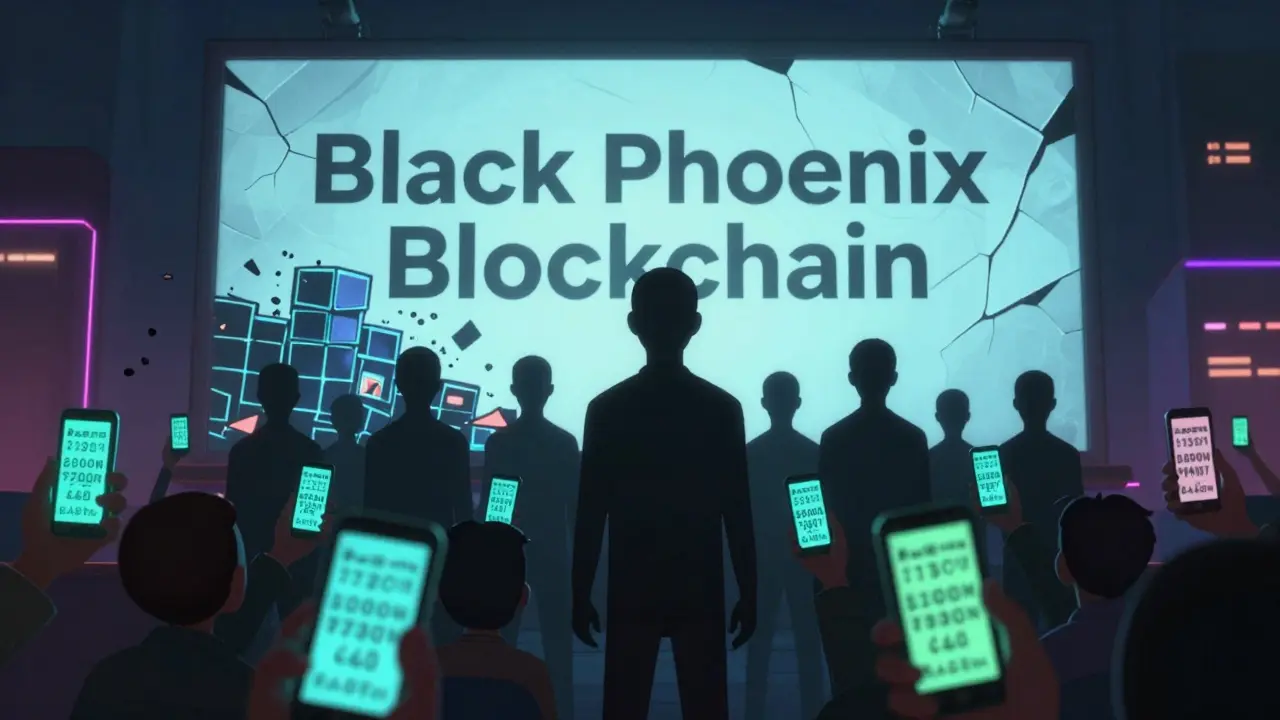 Faceless developers behind a crumbling blockchain billboard with confused investors below.