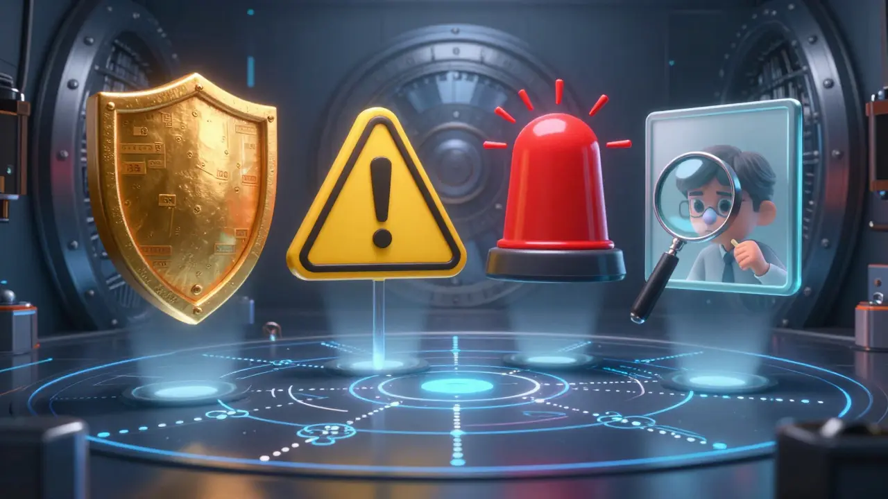 Four giant audit opinion icons glowing above a blockchain network, each revealing hidden crypto risks and transaction trails.