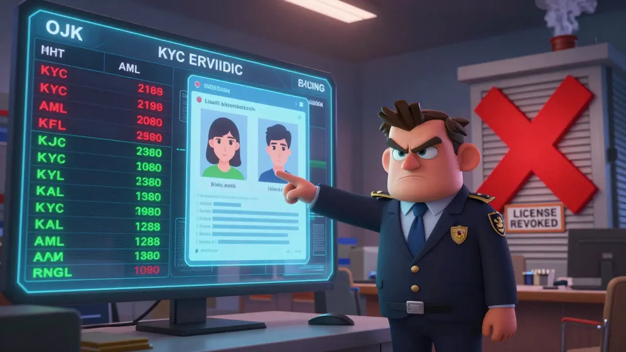OJK auditor confronting failed KYC verification on a holographic dashboard with a revoked exchange in the background.