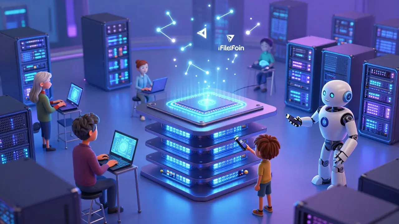 People contributing computing power to a floating data center with glowing hard drives and GPUs.