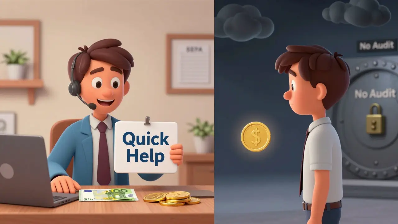 Split scene: one user gets quick help, another faces a vanished coin and locked vault in dark clouds.