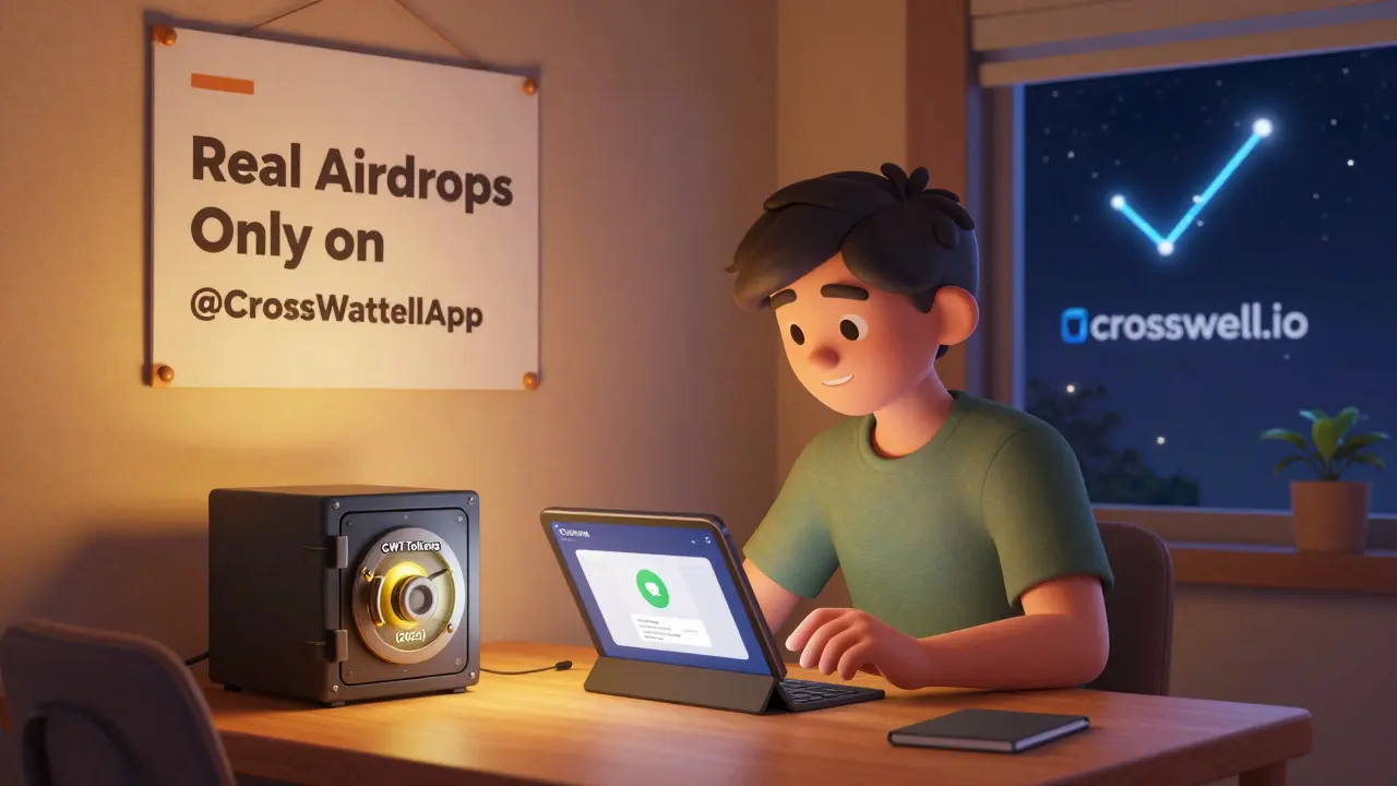 User calmly using CrossWallet app at home, safe CWT vault nearby, official website poster on wall, peaceful night scene.