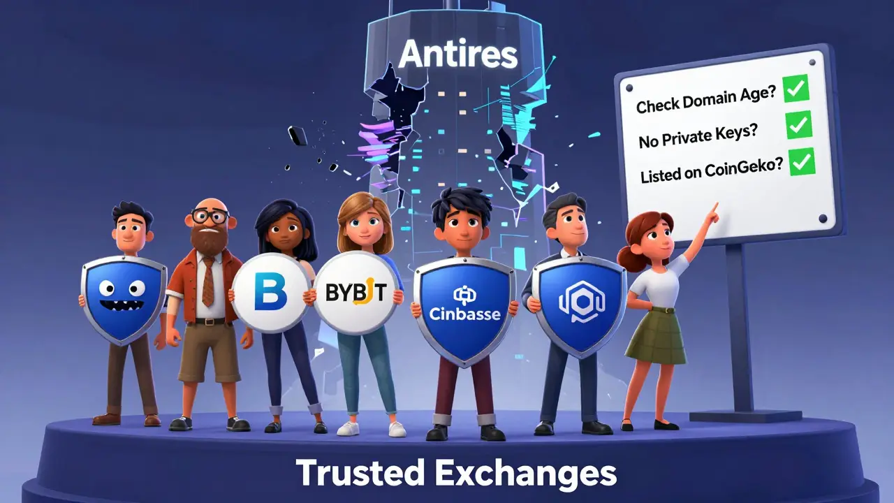Users standing safely on a platform with trusted exchanges, watching a fake exchange collapse into digital dust.
