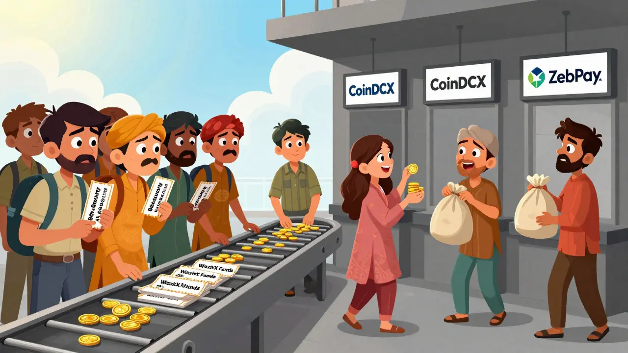 Worried users waiting for partial funds vs. happy users receiving full coins at competing exchanges.