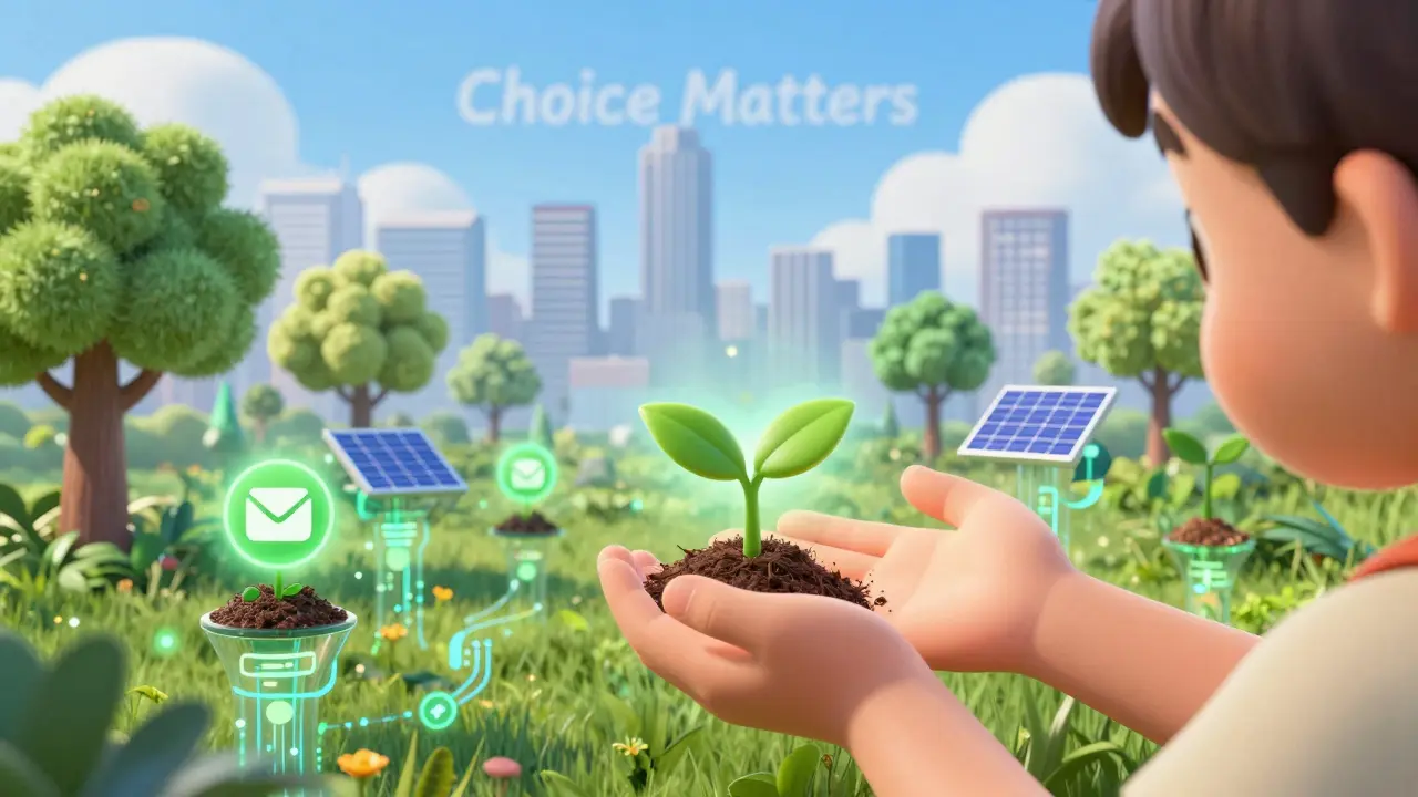 A child places a glowing NFT into a digital forest of carbon-offset trees, with renewable energy symbols and a serene cityscape in the background.