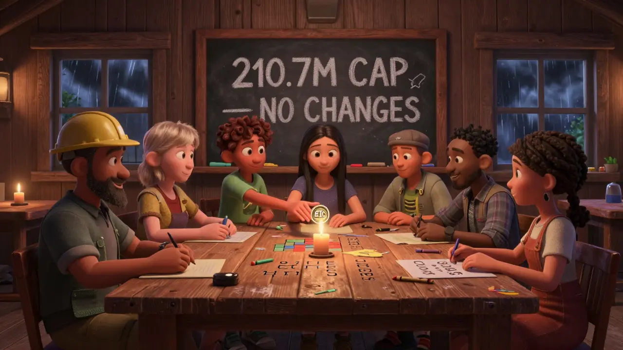 A community gathers around a server-rack table, passing an ETC coin as a chalkboard reads '210.7M CAP — NO CHANGES'.