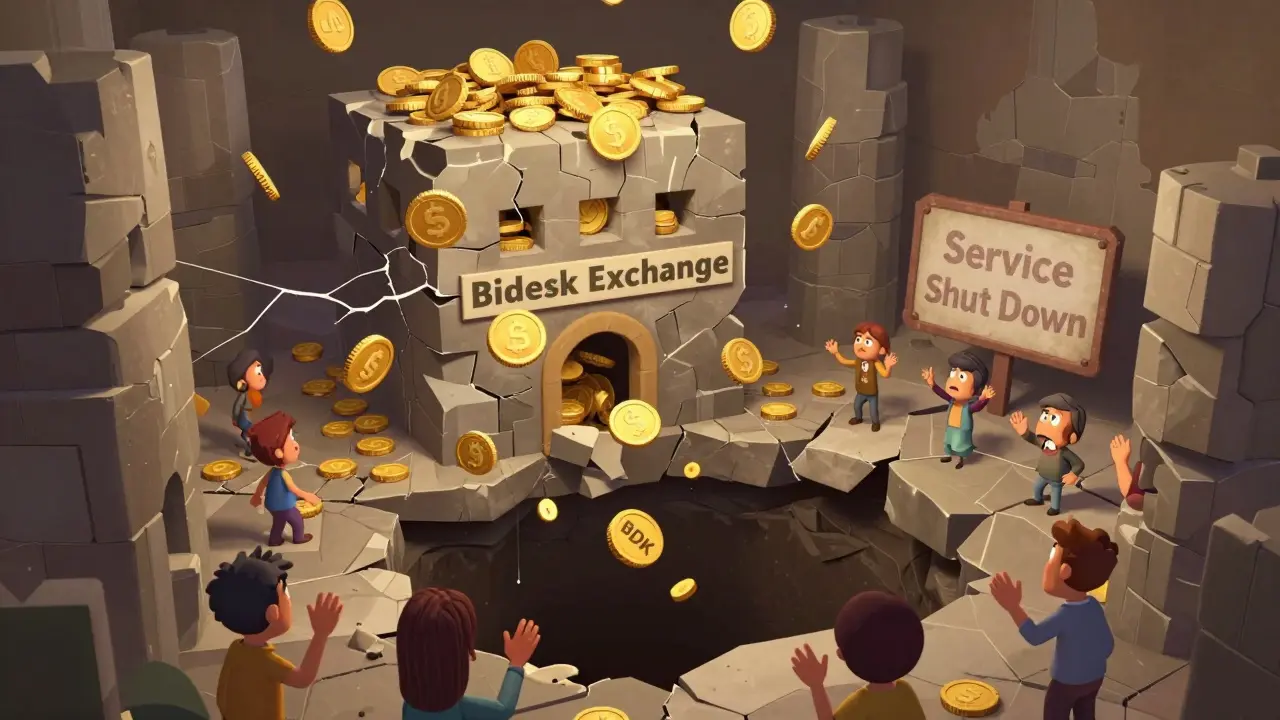 A crumbling digital exchange fortress with users below as a BDK token falls into darkness.