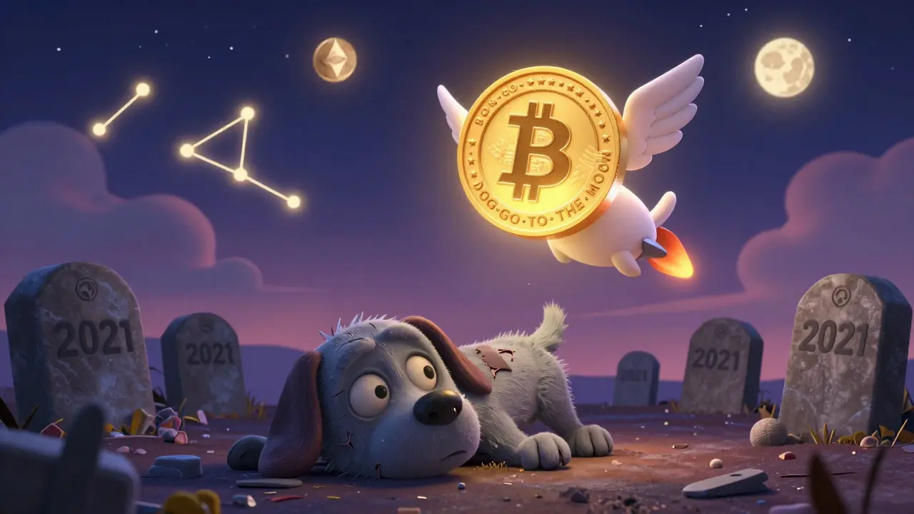 A dead DogeMoon zombie lies in a crypto graveyard as a vibrant Dog•Go•To•The•Moon token flies toward the stars.
