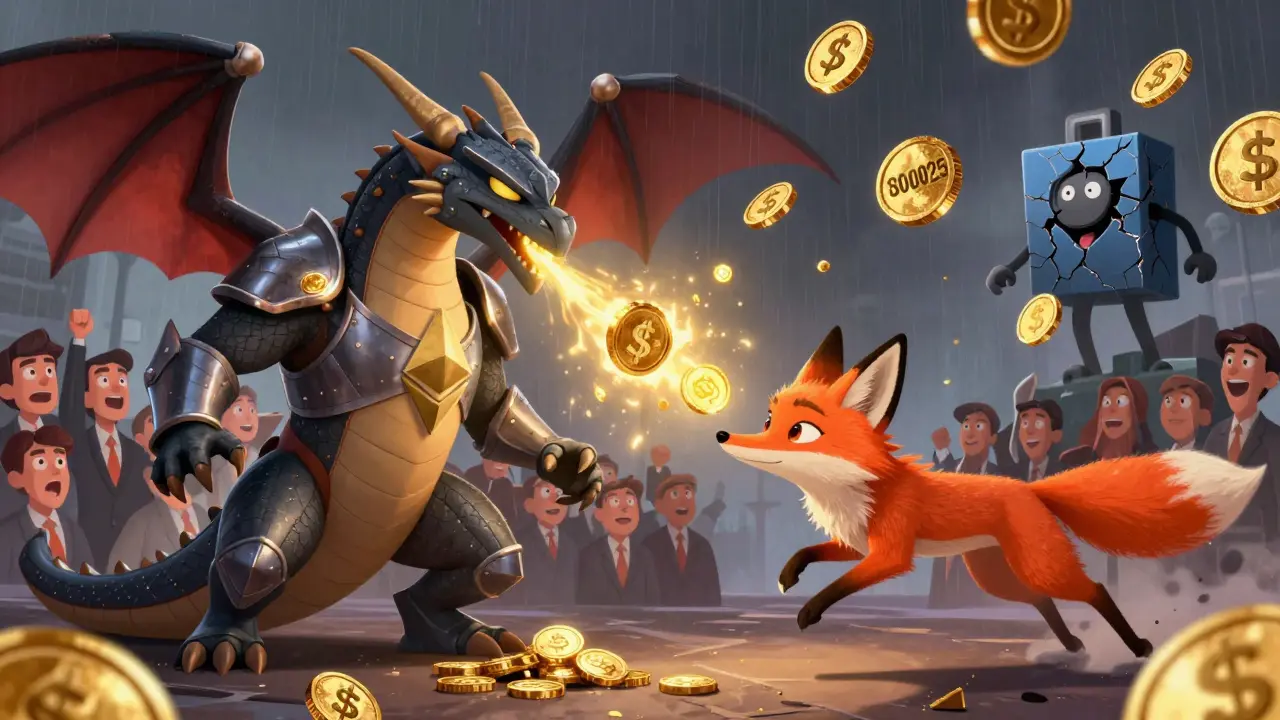 A dragon representing high Ethereum fees versus a fox representing fast, cheap Solana transactions.