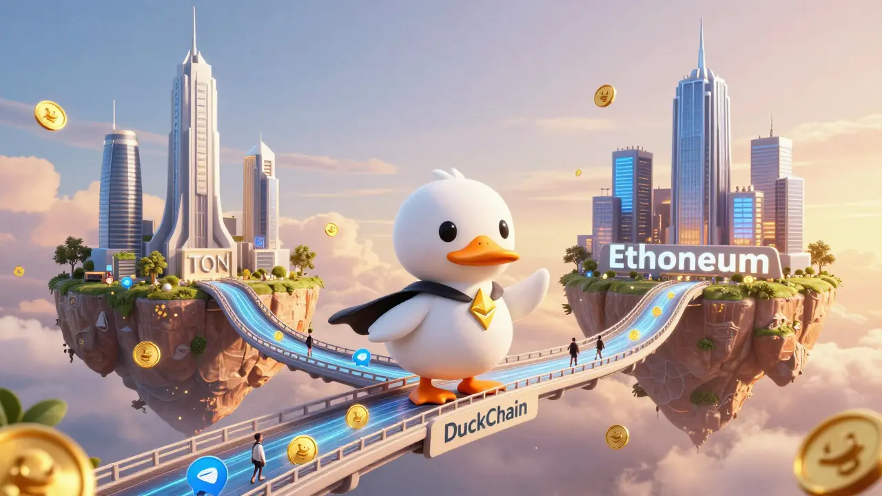 A duck-shaped bridge connecting TON and Ethereum ecosystems, with DUCK tokens flowing between them.