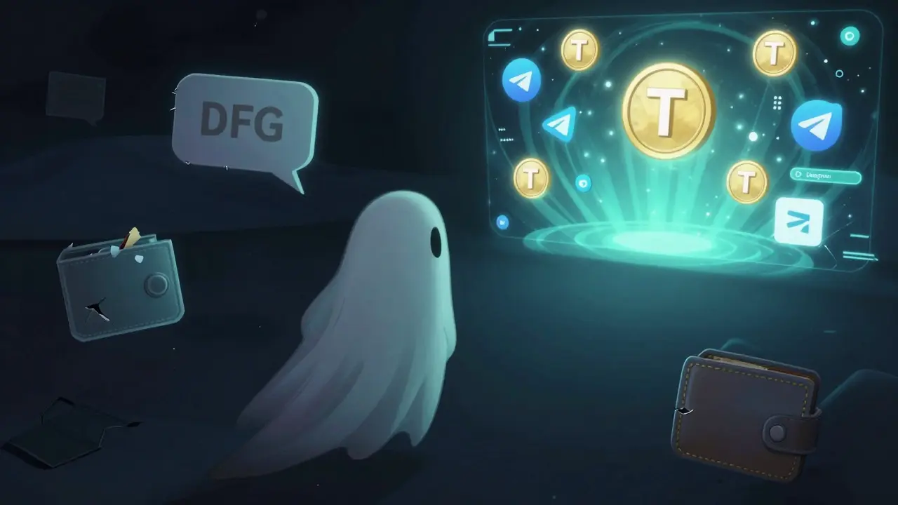 A faded DFG token ghost watches a vibrant Telegram ecosystem from afar, symbolizing its decline in a moody Pixar-style scene.