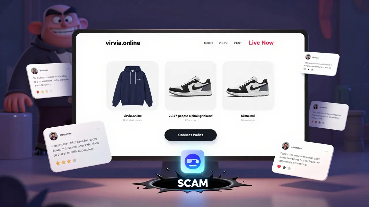 A fake online store with a wallet being sucked into a black hole labeled 'SCAM'.