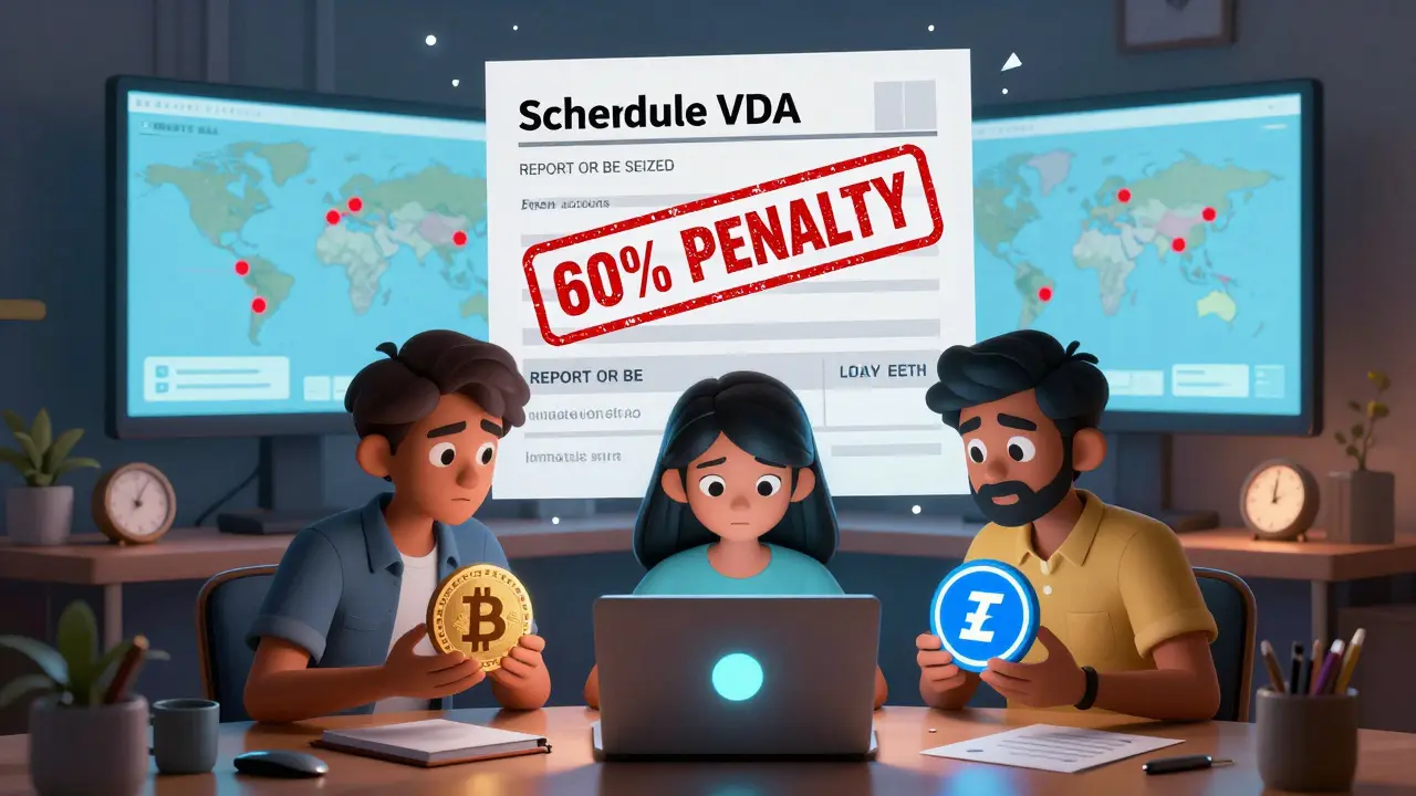A family at a laptop surrounded by crypto assets, a giant tax form with penalty warning looming overhead, global freeze maps on screens behind.