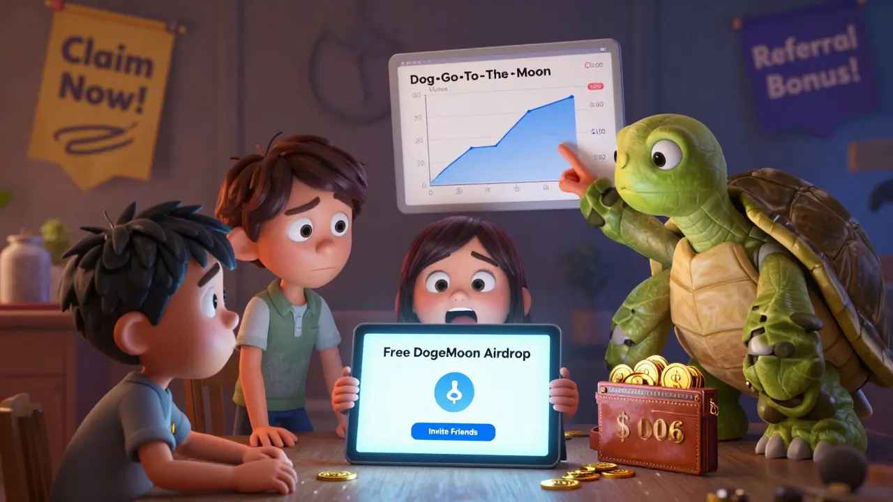 A family clicks on a fake DogeMoon airdrop while a wise turtle points to the real Dog•Go•To•The•Moon token.