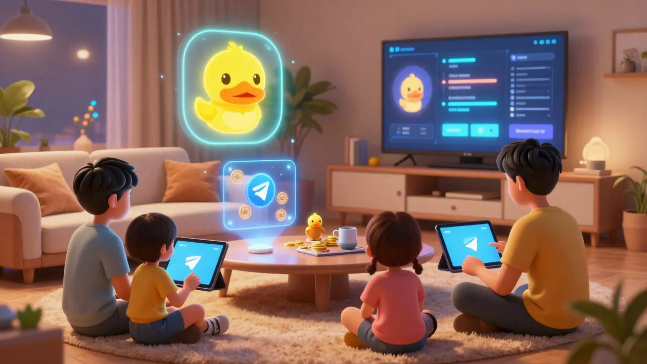 A family using Telegram to stake DUCK tokens and play Web3 games, with an AI quack icon floating above.