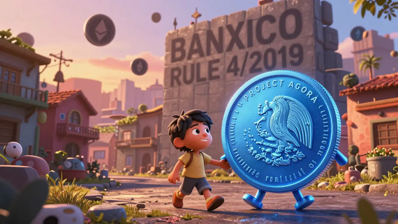 A friendly digital peso coin walks with a child past a wall blocking Bitcoin and Ethereum tokens.