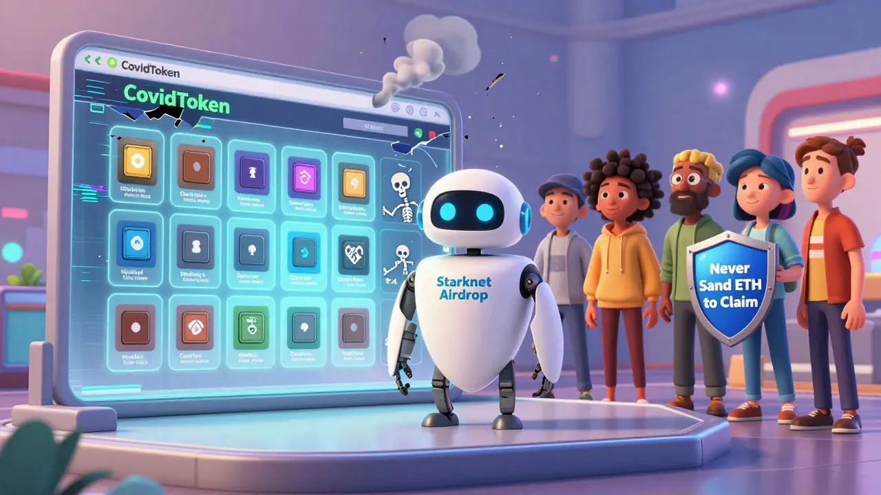 A friendly robot explains a real Starknet airdrop while a fake CovidToken site crumbles behind it.