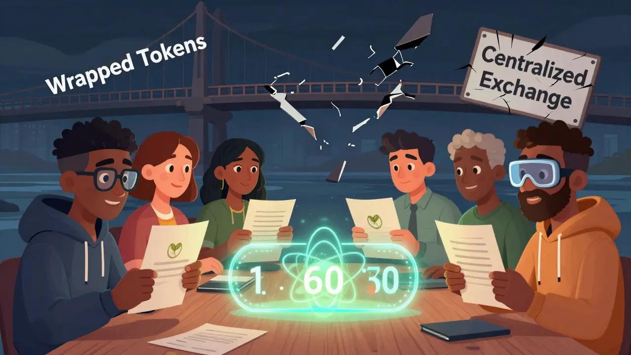 A group of users performing atomic swaps with seed phrases, timer counting down, as broken bridge and exchange signs lie behind them.