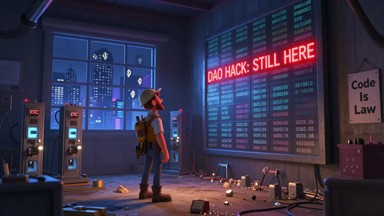 A lone miner in a neon-lit garage gazes at an unchangeable blockchain wall with a red 'DAO HACK: STILL HERE' entry.
