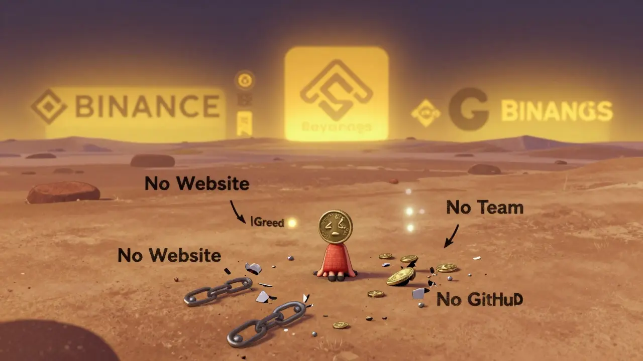 A lonely coin sits alone on a barren digital plain, surrounded by broken links, as distant major exchanges glow in the distance.