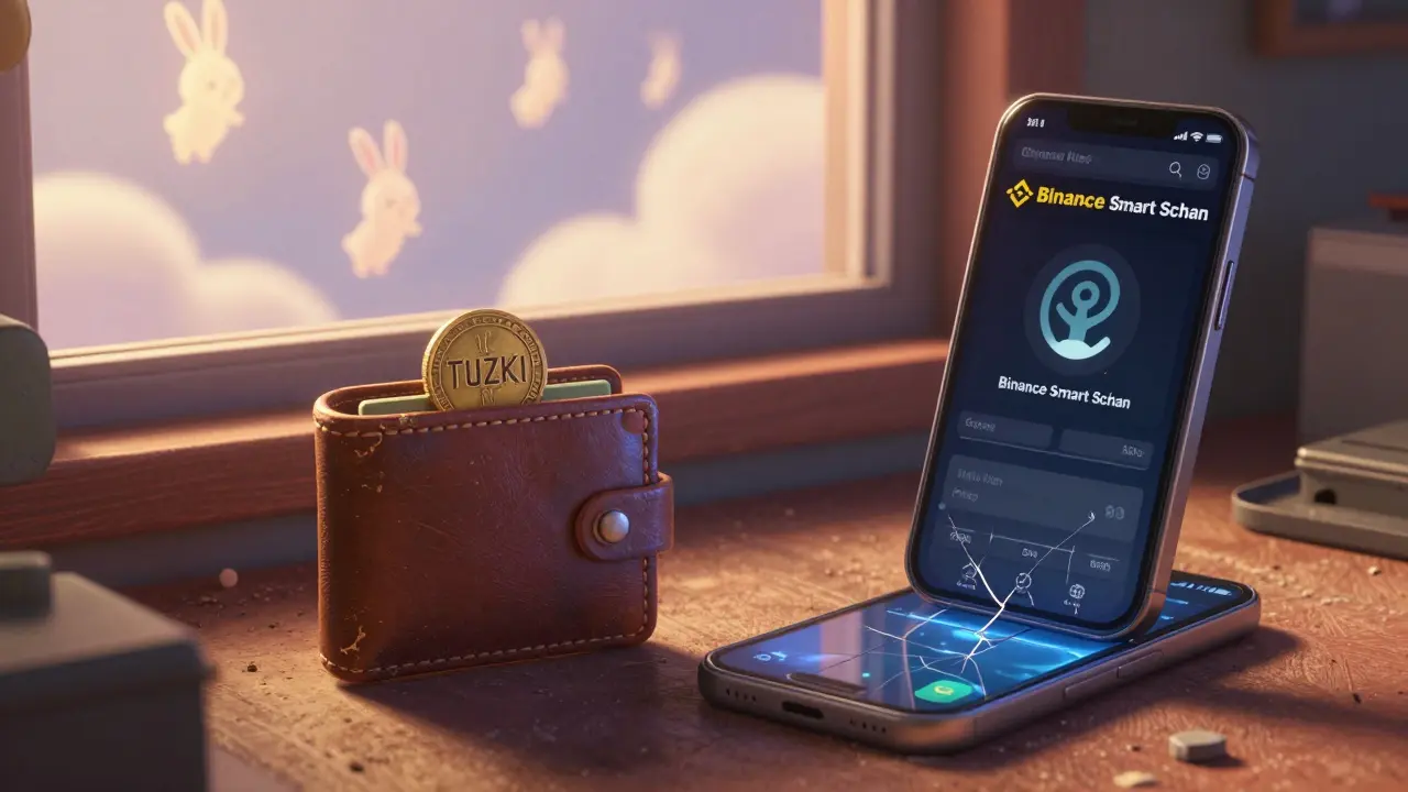 A lonely TUZKI token in a worn wallet beside a dead crypto dashboard, with nostalgic memes outside the window.