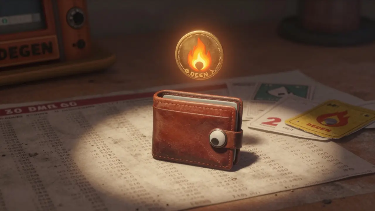 A lonely wallet with a single glowing DEGEN token above it, surrounded by price charts