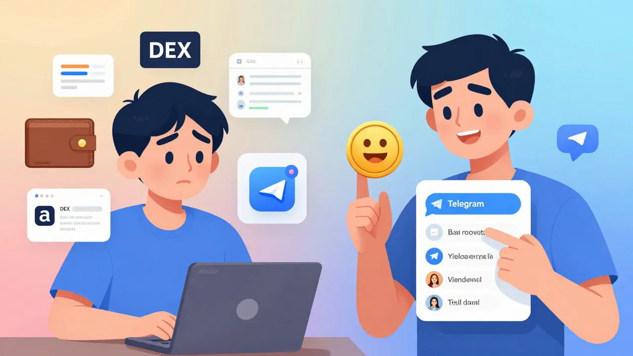 A person happily uses one app for messaging and DeFi, while chaos of multiple apps fades behind them in Pixar cartoon style.