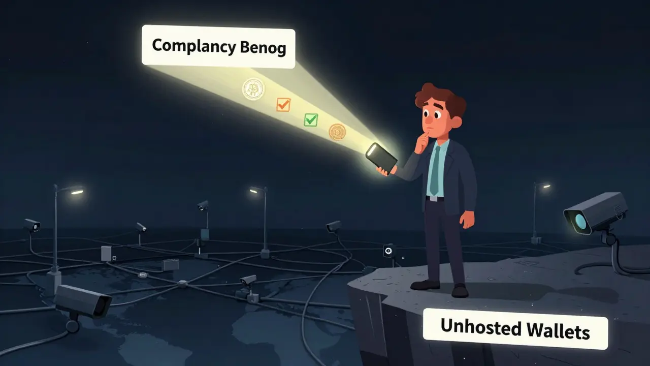 A person holding a hardware wallet at the edge of a cliff labeled 'Unhosted Wallets,' with surveillance below and a compliance light above.