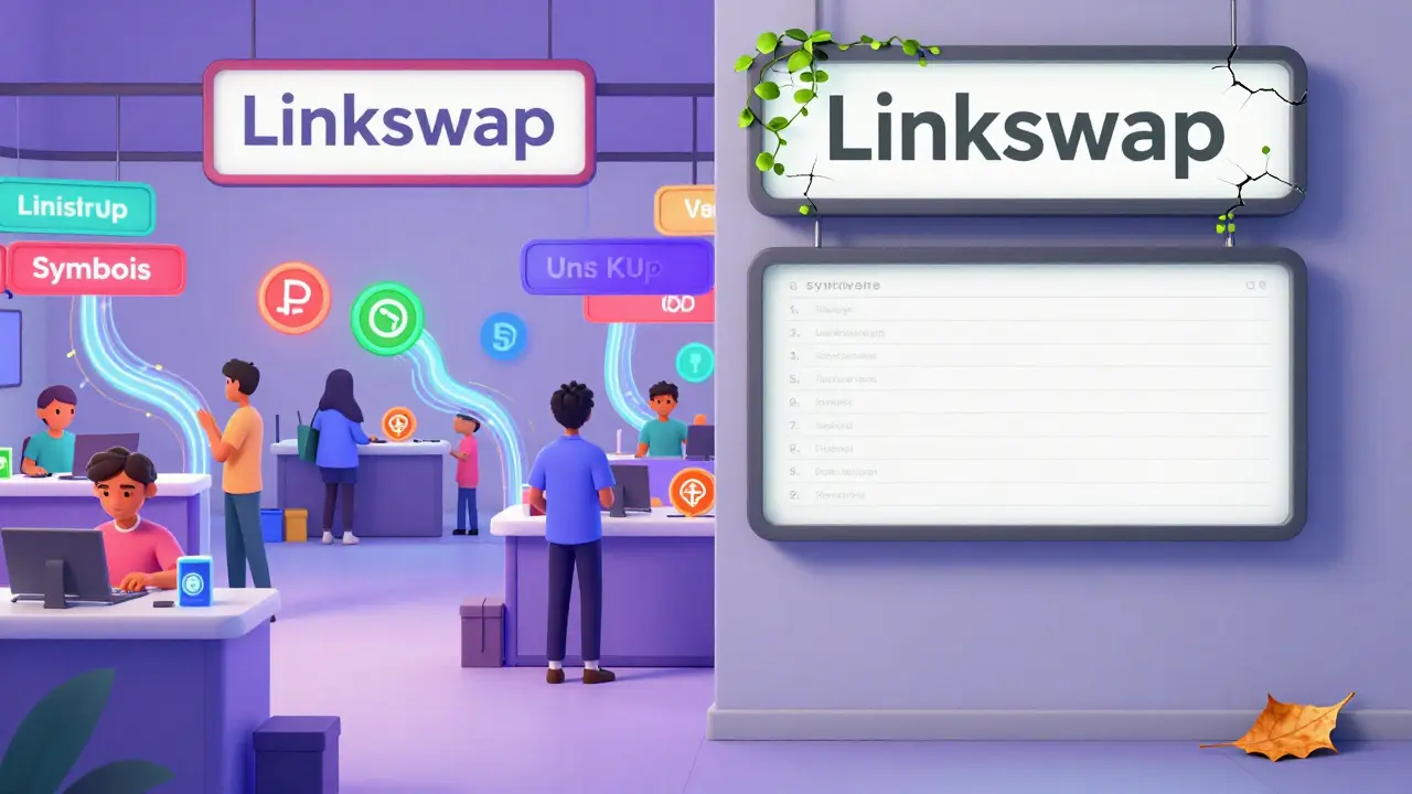A silent Linkswap booth contrasts with bustling crypto booths in a vibrant 2021 marketplace.